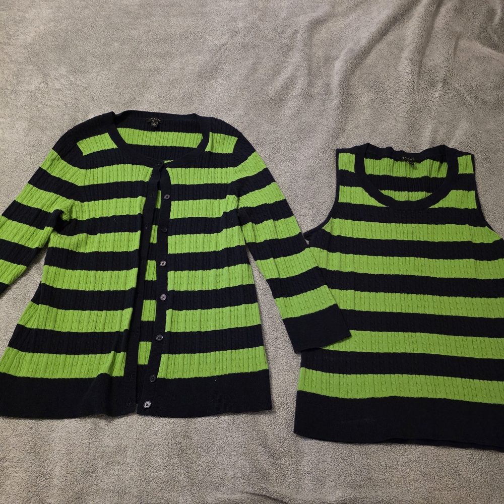 Talbots Sweater‎ Set Women L Blue Green Knit Striped Button Up Cardigan Tank Top